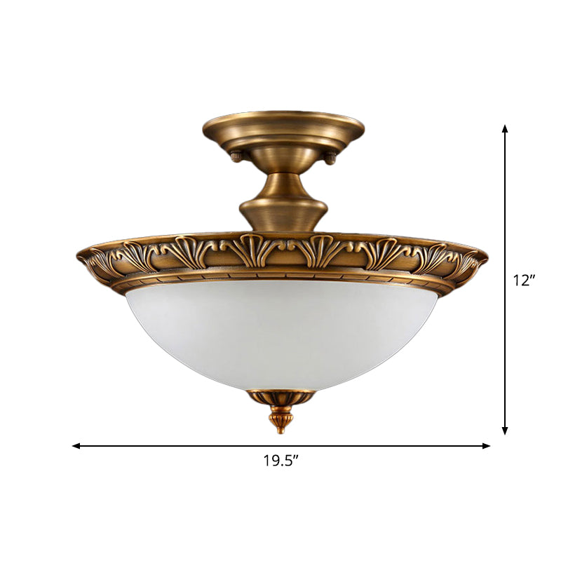 Bronze Semi Flush Led Ceiling Light With Milk Glass Bowl And Carved Edge