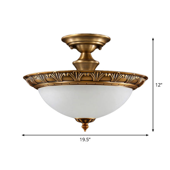 Bronze Semi Flush Led Ceiling Light With Milk Glass Bowl And Carved Edge