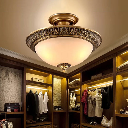 Bronze Semi Flush Led Ceiling Light With Milk Glass Bowl And Carved Edge