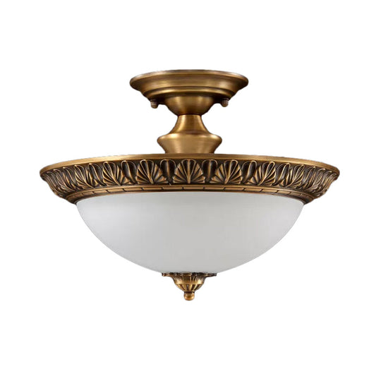 Bronze Semi Flush Led Ceiling Light With Milk Glass Bowl And Carved Edge