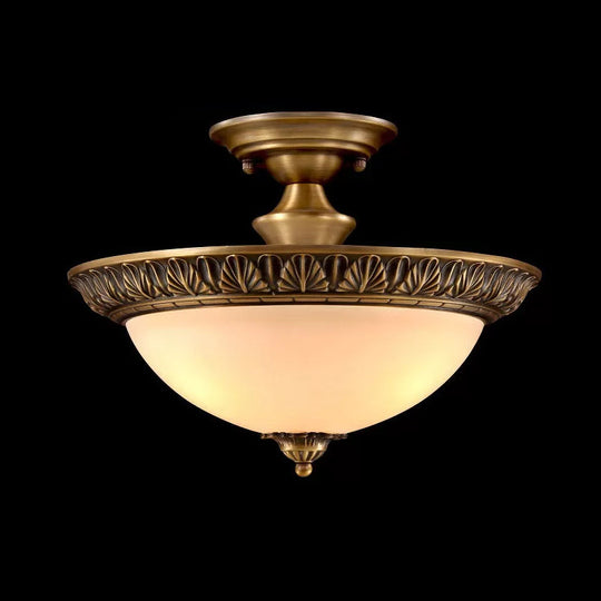 Bronze Semi Flush Led Ceiling Light With Milk Glass Bowl And Carved Edge