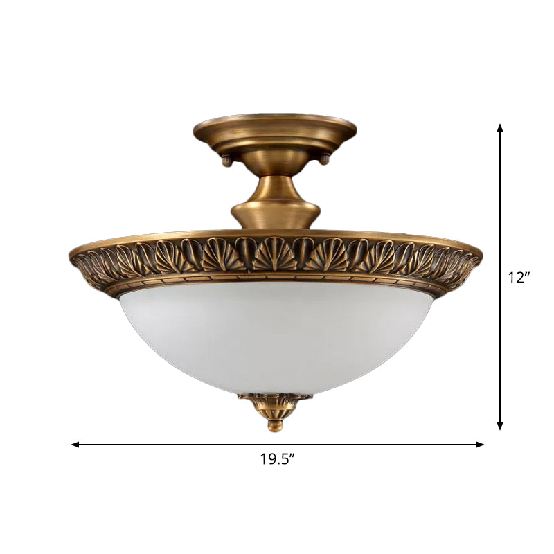 Bronze Semi Flush Led Ceiling Light With Milk Glass Bowl And Carved Edge