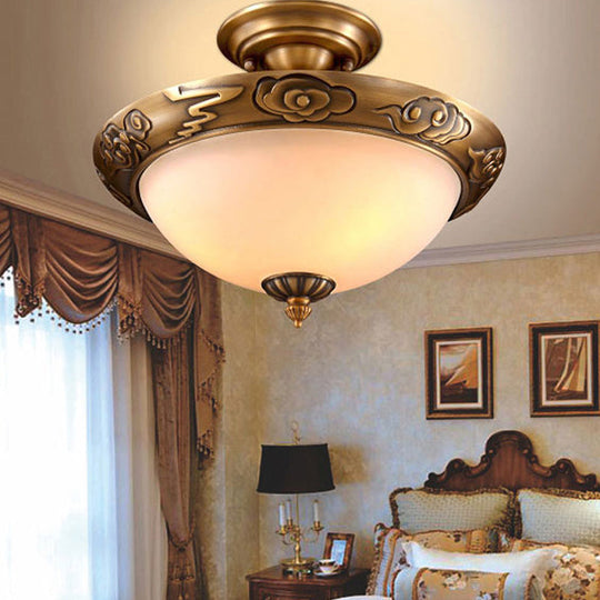 Bronze Semi Flush Led Ceiling Light With Milk Glass Bowl And Carved Edge / Small Cloud