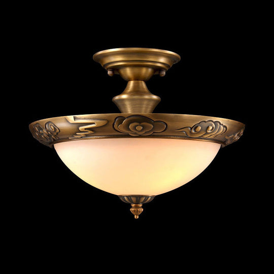 Bronze Semi Flush Led Ceiling Light With Milk Glass Bowl And Carved Edge