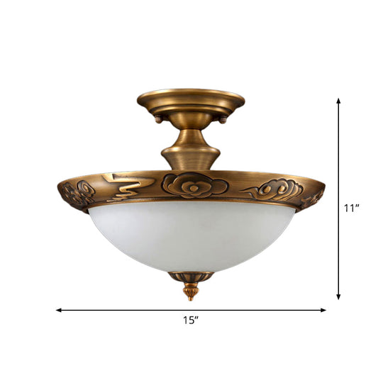 Bronze Semi Flush Led Ceiling Light With Milk Glass Bowl And Carved Edge