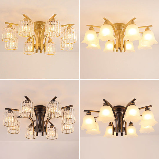 Rural Black/Gold Cylinder Ceiling Light With Crystal Accents For Dining Room 6 / Black Clear