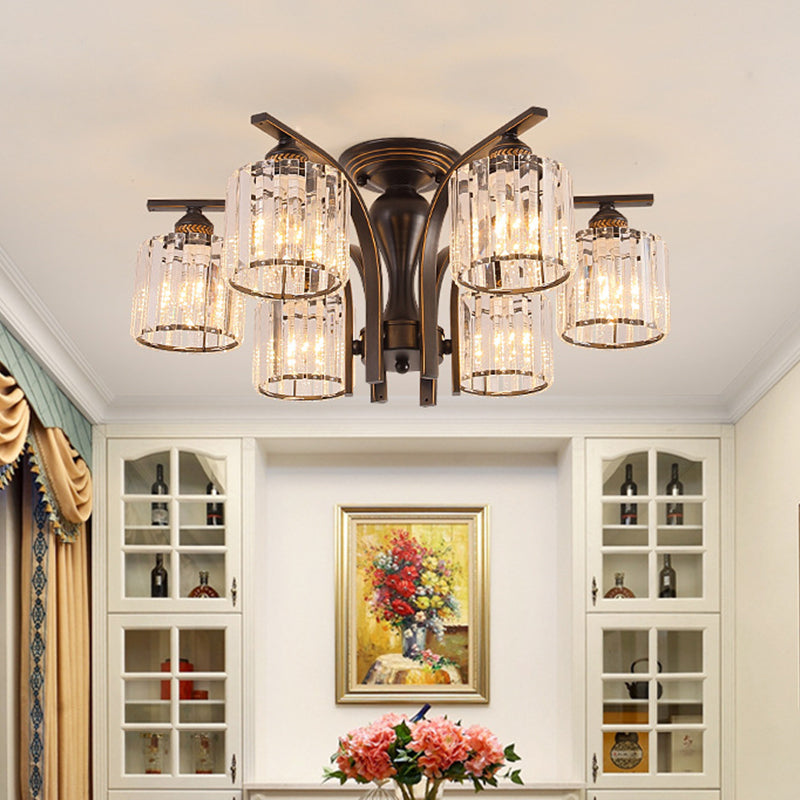 Rural Black/Gold Cylinder Ceiling Light With Crystal Accents For Dining Room