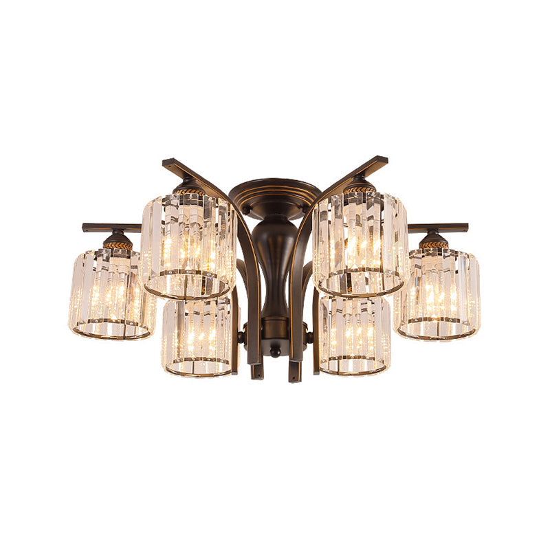 Rural Black/Gold Cylinder Ceiling Light With Crystal Accents For Dining Room