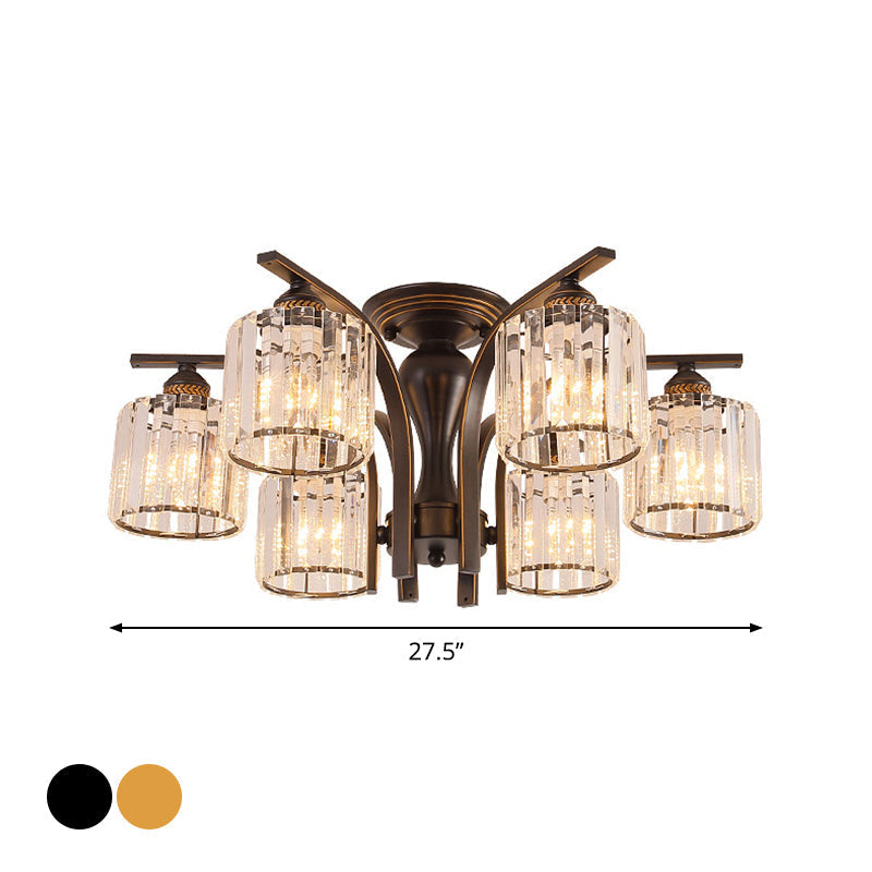 Rural Black/Gold Cylinder Ceiling Light With Crystal Accents For Dining Room