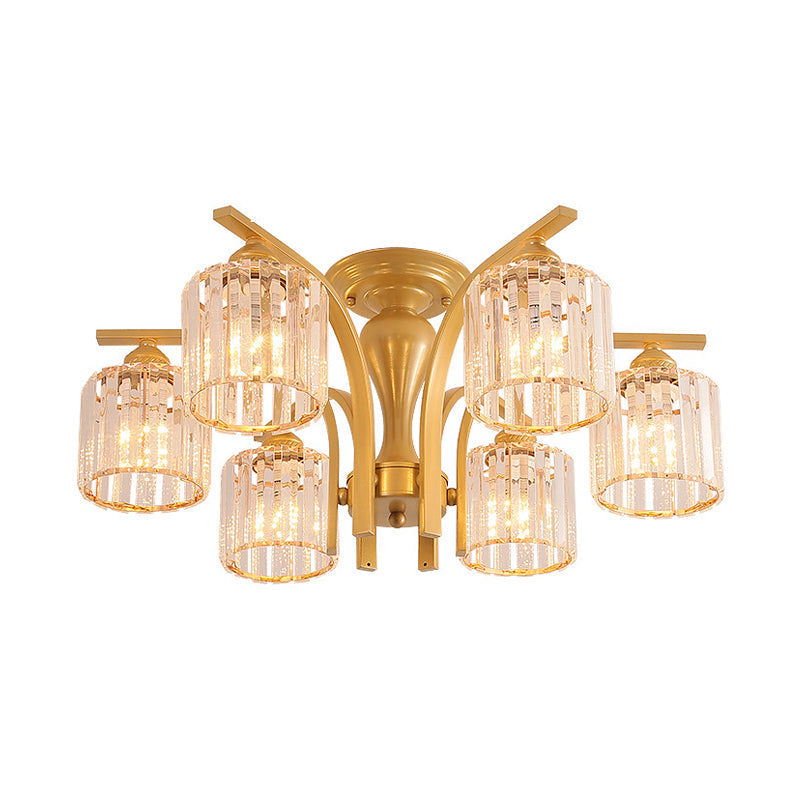 Rural Black/Gold Cylinder Ceiling Light With Crystal Accents For Dining Room 6 / Gold Clear