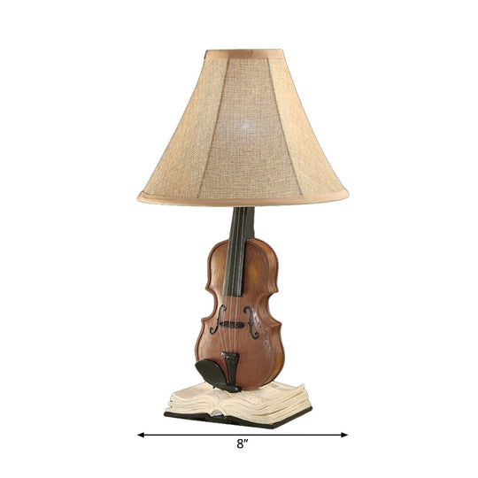 Kids Beige Reading Light: Living Room Flared Shade Desk Lamp With Violin Base Resin - 1 Head