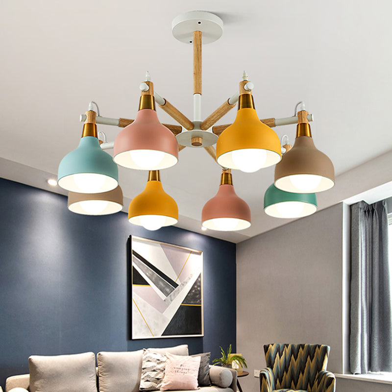 Nursing Room Chandelier: Torch Shaped Metal Pendant Light With 8-Bulb Macaron Style