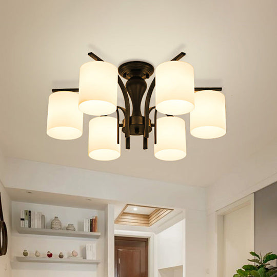 Vintage Semi-Mount Ceiling Light In Black With White Glass Cylinder - 3/5/8 Lights For Living Room 6