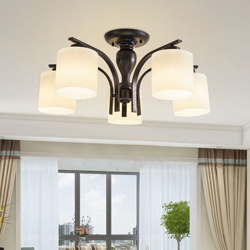 Vintage Semi-Mount Ceiling Light In Black With White Glass Cylinder - 3/5/8 Lights For Living Room 5