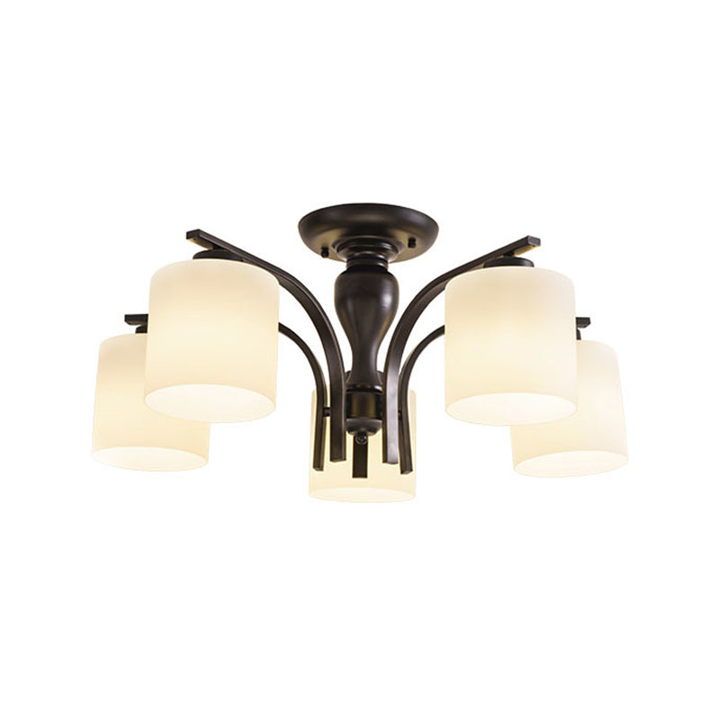 Vintage Semi-Mount Ceiling Light In Black With White Glass Cylinder - 3/5/8 Lights For Living Room