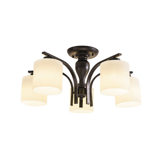 Vintage Semi-Mount Ceiling Light In Black With White Glass Cylinder - 3/5/8 Lights For Living Room