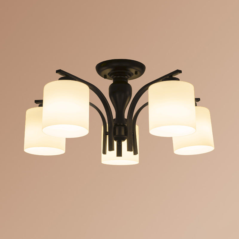 Vintage Semi-Mount Ceiling Light In Black With White Glass Cylinder - 3/5/8 Lights For Living Room