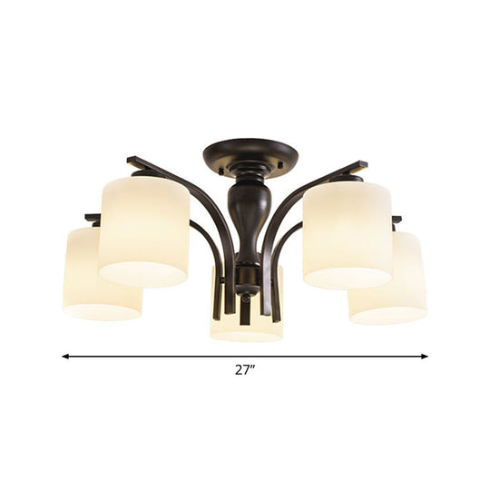 Vintage Semi-Mount Ceiling Light In Black With White Glass Cylinder - 3/5/8 Lights For Living Room