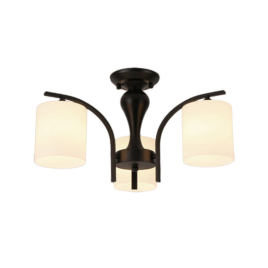 Vintage Semi-Mount Ceiling Light In Black With White Glass Cylinder - 3/5/8 Lights For Living Room