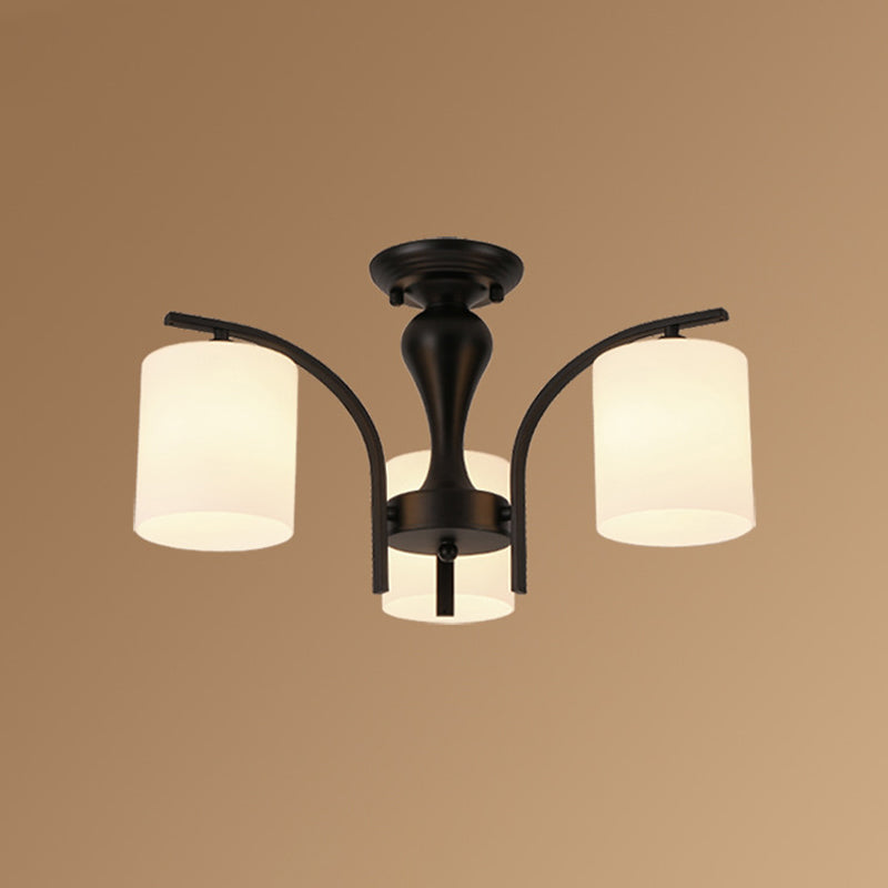 Vintage Semi-Mount Ceiling Light In Black With White Glass Cylinder - 3/5/8 Lights For Living Room