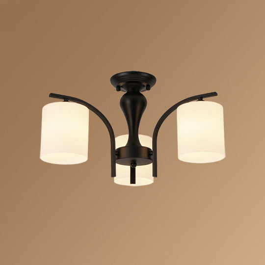 Vintage Semi-Mount Ceiling Light In Black With White Glass Cylinder - 3/5/8 Lights For Living Room