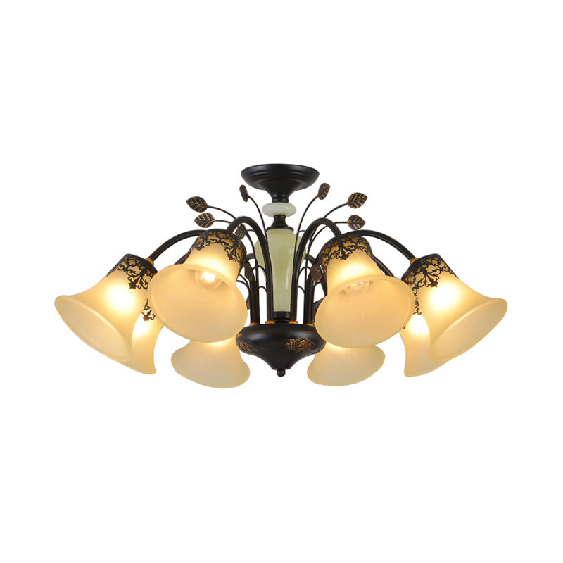 Frosted Glass Morning Glory Chandelier - Farmhouse Ceiling Pendant (3/6/8 Lights) in Black/White for Living Room