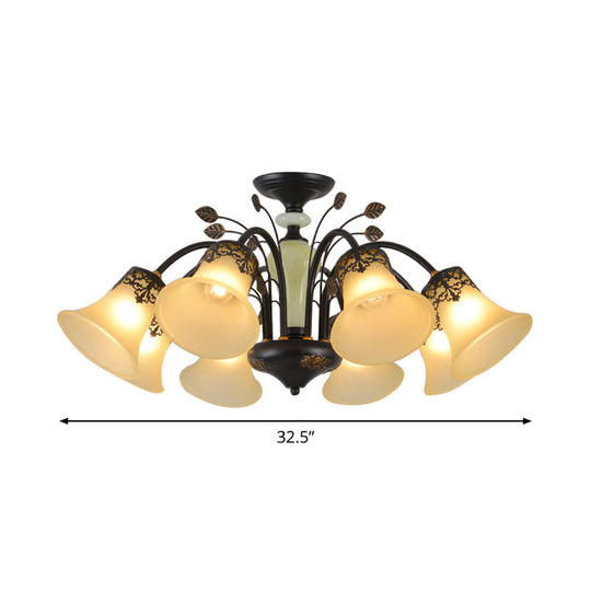 Frosted Glass Morning Glory Chandelier - Farmhouse Ceiling Pendant (3/6/8 Lights) in Black/White for Living Room