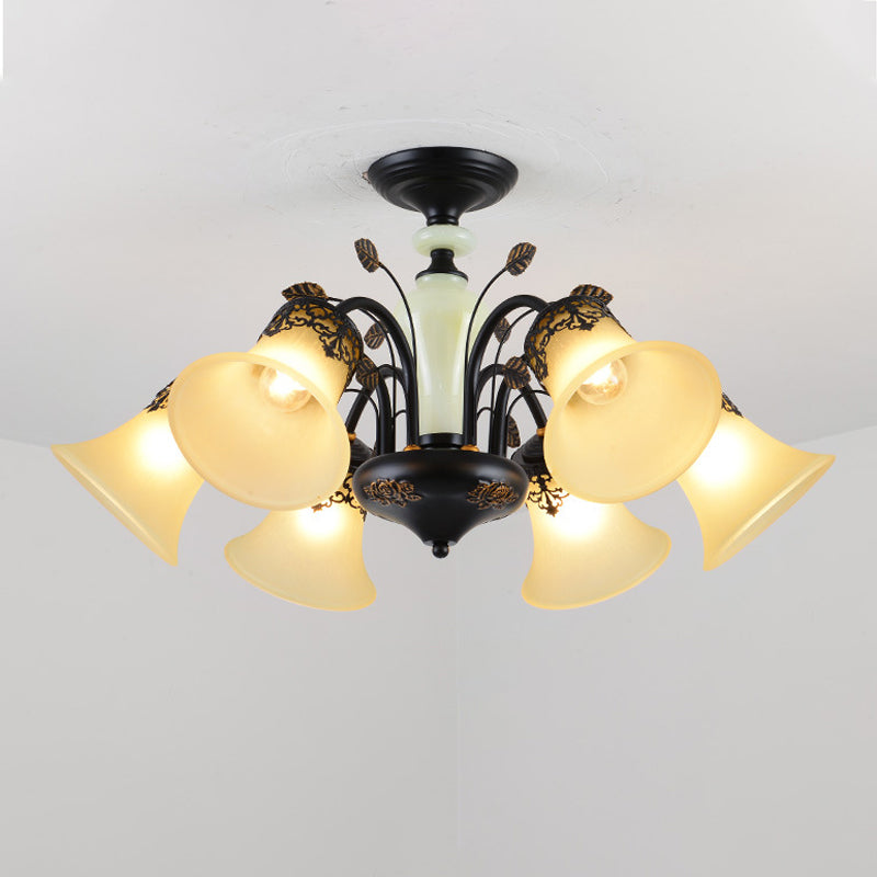 Farmhouse Frosted Glass Chandelier: Morning Glory Ceiling Pendant 3/6/8 Lights Black/White 6 / White