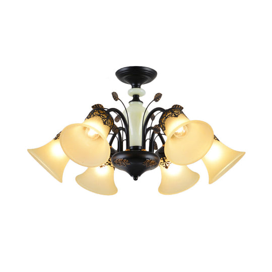 Farmhouse Frosted Glass Chandelier: Morning Glory Ceiling Pendant 3/6/8 Lights Black/White