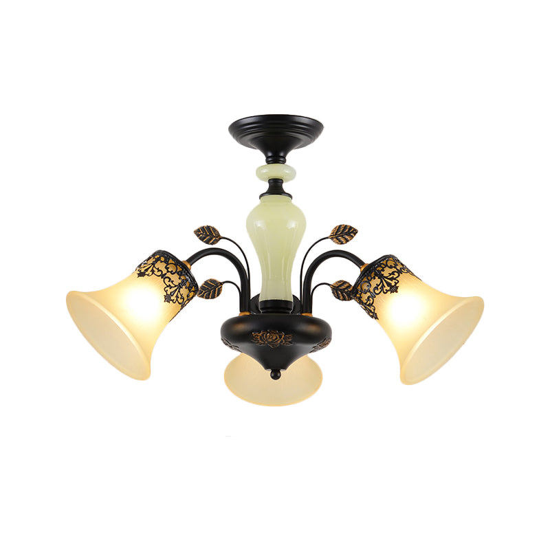 Farmhouse Frosted Glass Chandelier: Morning Glory Ceiling Pendant 3/6/8 Lights Black/White