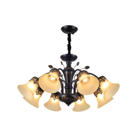 Farmhouse Frosted Glass Chandelier: Morning Glory Ceiling Pendant 3/6/8 Lights Black/White