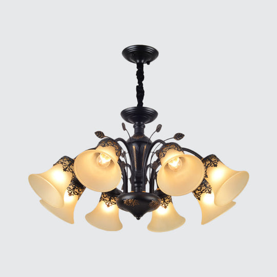 Farmhouse Frosted Glass Chandelier: Morning Glory Ceiling Pendant 3/6/8 Lights Black/White