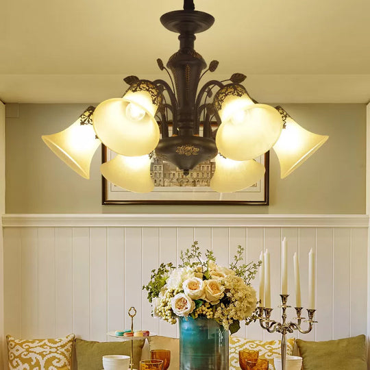 Frosted Glass Morning Glory Chandelier - Farmhouse Ceiling Pendant (3/6/8 Lights) in Black/White for Living Room