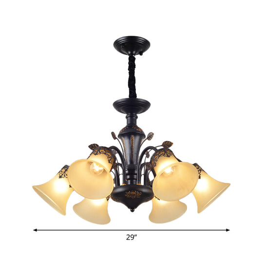 Frosted Glass Morning Glory Chandelier - Farmhouse Ceiling Pendant (3/6/8 Lights) in Black/White for Living Room