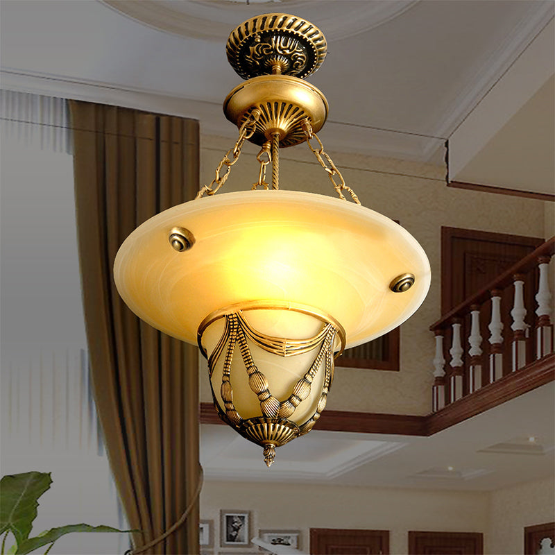 Traditional Brass Inverted Hat Shaped Chandelier - 3-Light White Glass Living Room Drop Lamp