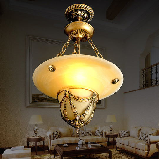 Traditional Brass Inverted Hat Shaped Chandelier - 3-Light White Glass Living Room Drop Lamp