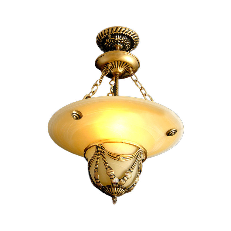 Traditional Brass Inverted Hat Shaped Chandelier - 3-Light White Glass Living Room Drop Lamp