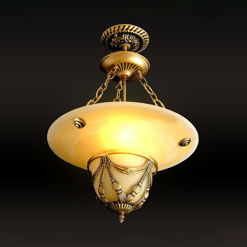 Traditional Brass Inverted Hat Shaped Chandelier - 3-Light White Glass Living Room Drop Lamp