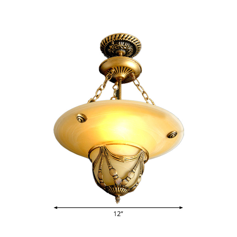 Traditional Brass Inverted Hat Shaped Chandelier - 3-Light White Glass Living Room Drop Lamp