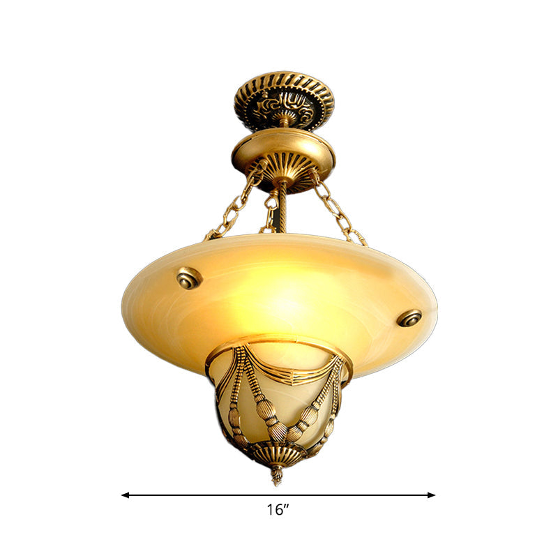 Traditional Brass Inverted Hat Shaped Chandelier - 3-Light White Glass Living Room Drop Lamp