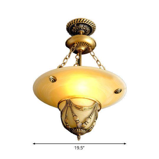 Traditional Brass Inverted Hat Shaped Chandelier - 3-Light White Glass Living Room Drop Lamp