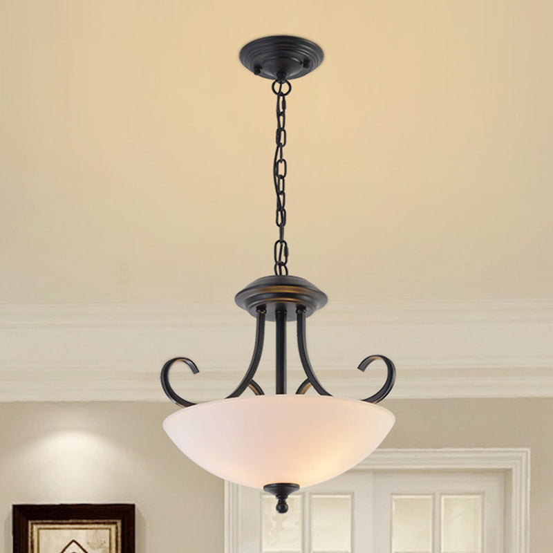 Classic White Frosted Glass 3-Bulb Pendant Chandelier With Scroll Arm