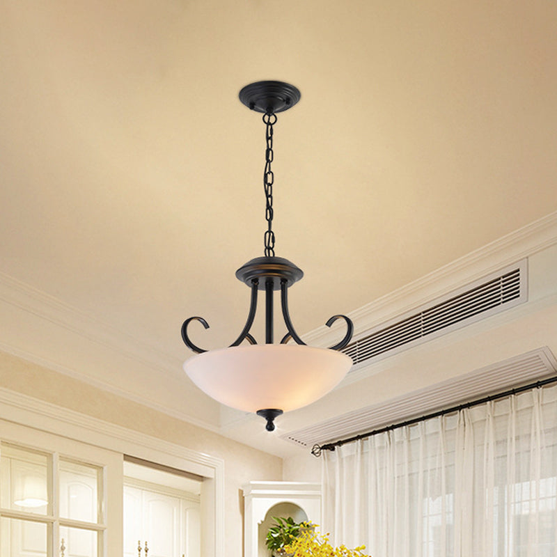 Classic White Frosted Glass 3-Bulb Pendant Chandelier With Scroll Arm