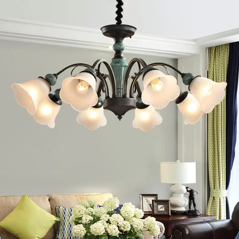 Peacock Green Rustic Ribbed Frosted Glass Chandelier - 5/6/8 Bulbs Drop Lamp With Flower Blossom