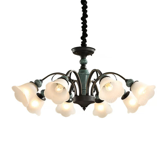 Peacock Green Rustic Ribbed Frosted Glass Chandelier - 5/6/8 Bulbs Drop Lamp With Flower Blossom