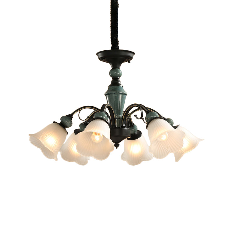 Peacock Green Rustic Ribbed Frosted Glass Chandelier - 5/6/8 Bulbs Drop Lamp With Flower Blossom