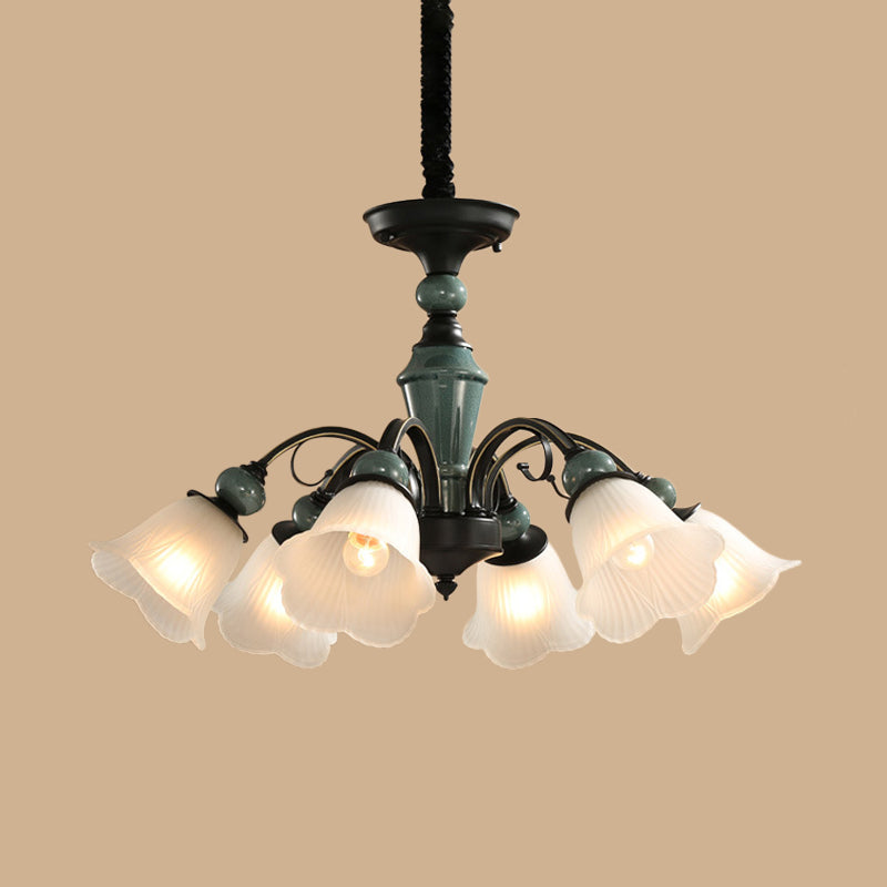 Peacock Green Rustic Ribbed Frosted Glass Chandelier - 5/6/8 Bulbs Drop Lamp With Flower Blossom