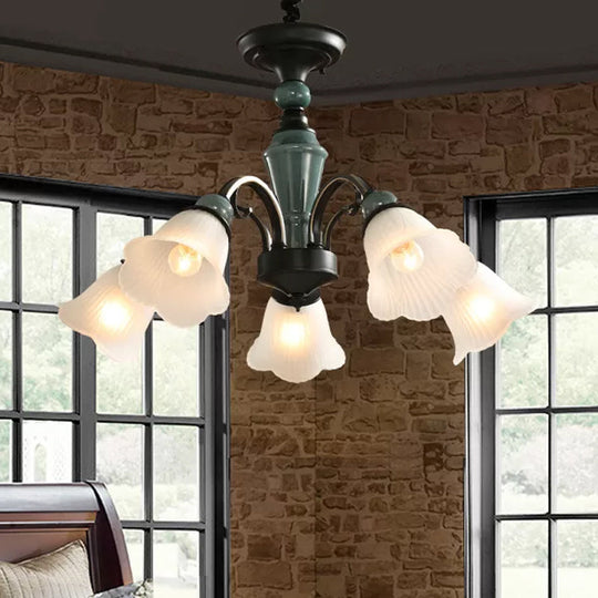 Peacock Green Rustic Ribbed Frosted Glass Chandelier - 5/6/8 Bulbs Drop Lamp With Flower Blossom