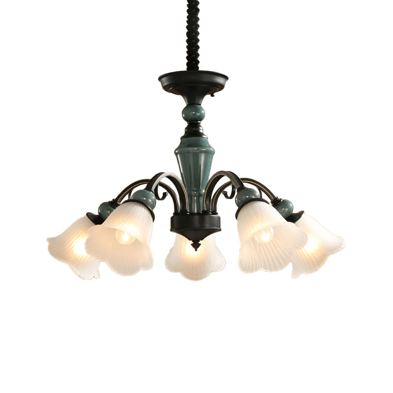 Peacock Green Rustic Ribbed Frosted Glass Chandelier - 5/6/8 Bulbs Drop Lamp With Flower Blossom