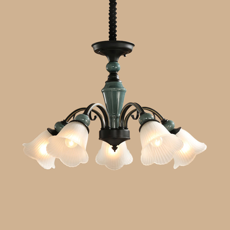 Peacock Green Rustic Ribbed Frosted Glass Chandelier - 5/6/8 Bulbs Drop Lamp With Flower Blossom